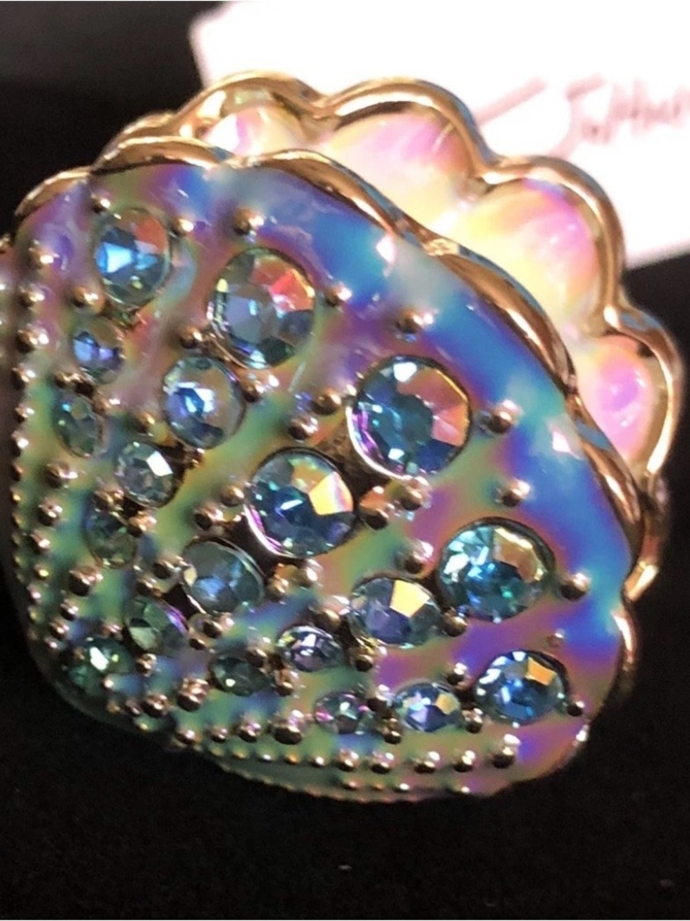 New Betsey Johnson Gold-Tone Pearl Shell stretch Ring with Aqua Crystals - Picture 10 of 16